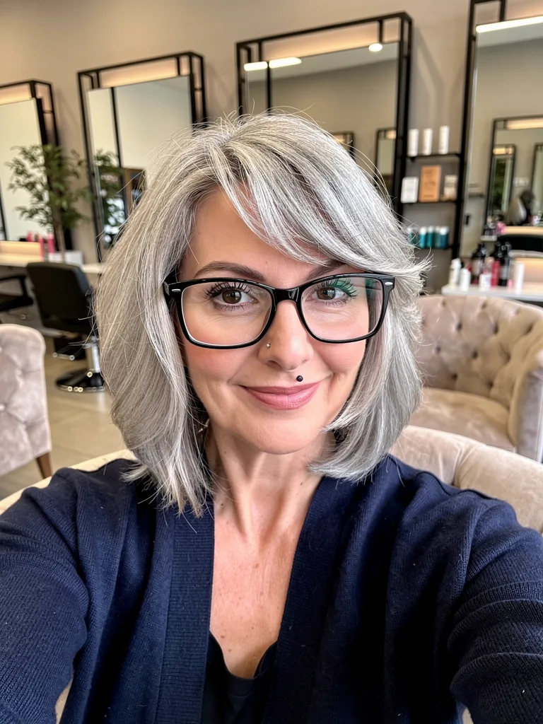 Shoulder-Length Layered Silver Frost Bob with Side Bangs